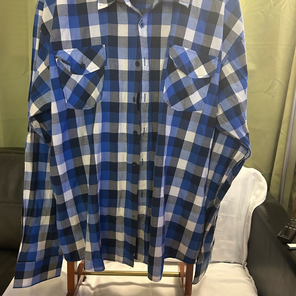 Blue and Black Casual Button Down Shirt with Plaid Pattern